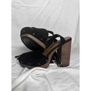 Free People Justine Platform Black Suede Peep Toe Block Heel Sandals Size 9